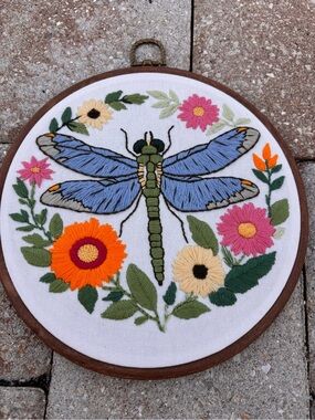 Embroidered 8” Dragonfly Hoop Art - Handmade One of a Kind